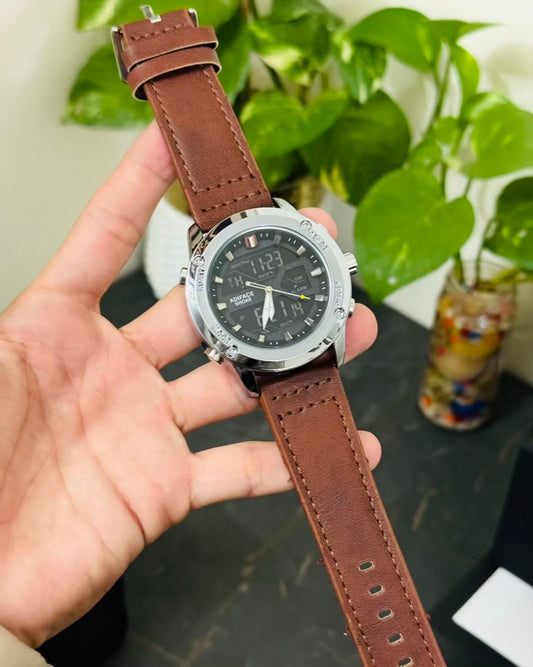 Brown Straps Silver Dail Digital and Analog Watch AS-05