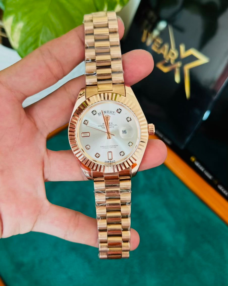 RLX Rose Gold White Dail | Day & Date Working with Taj Lock