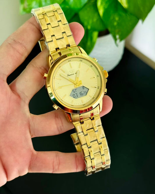 Golden Digital And Analog Waterproof Watch SW-07