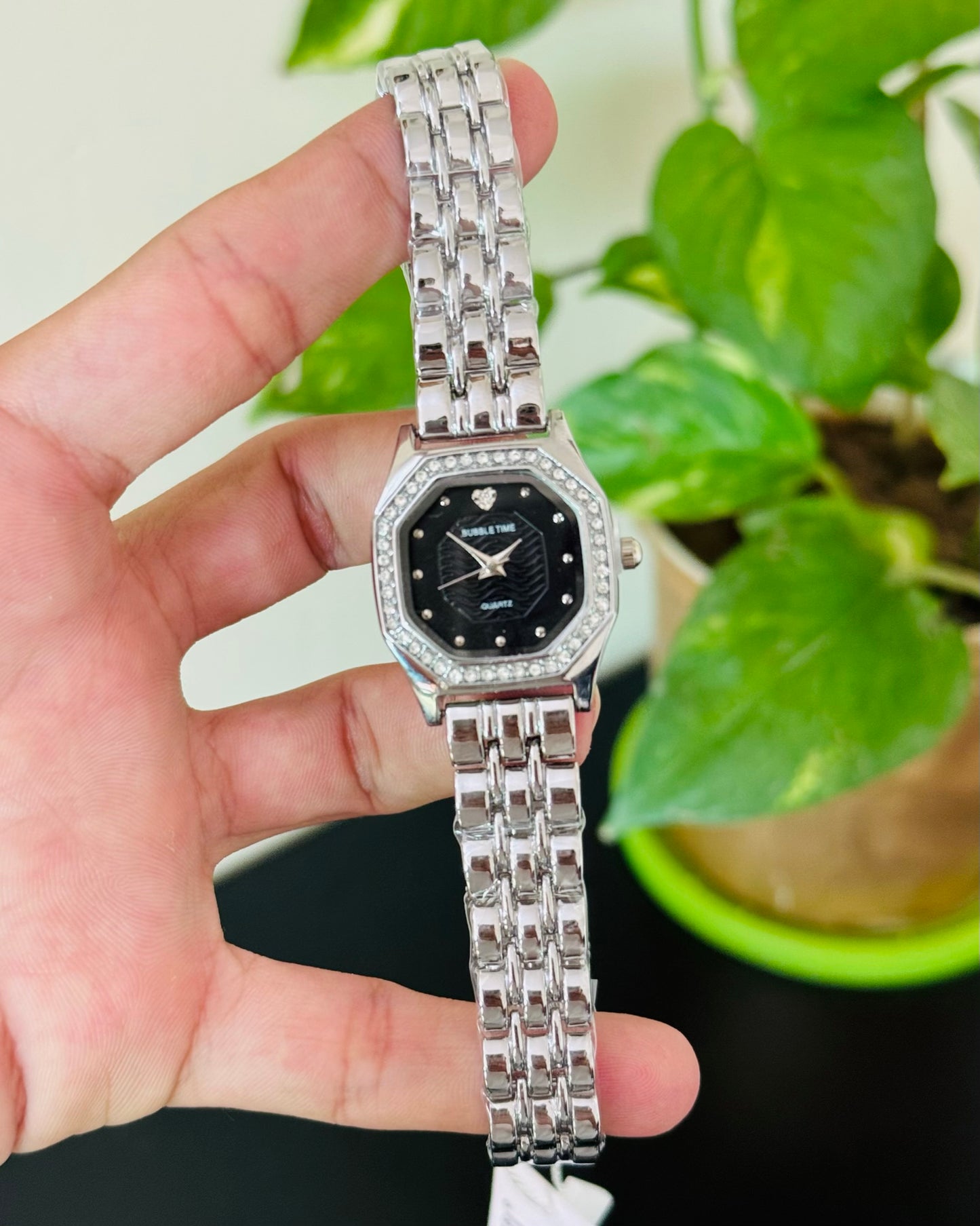 Silver Stainless Steel Green Dail Watch for her