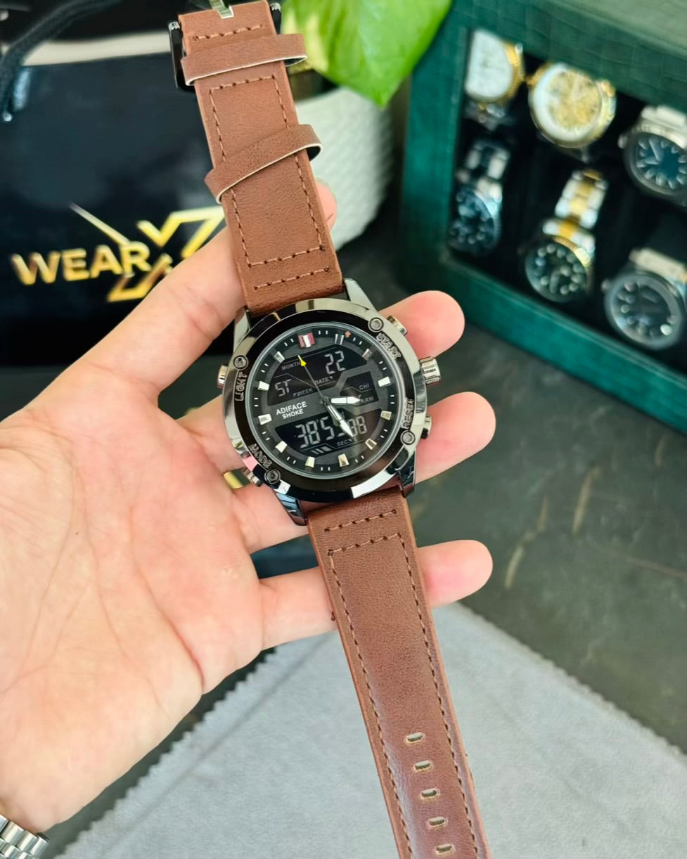 Brown Straps Black Dail Digital and Analog Watch AS-02