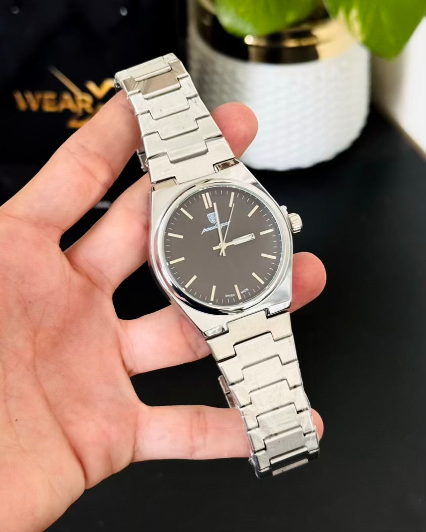 Silver Chain with Black Dail Day and Date Watch PD-03