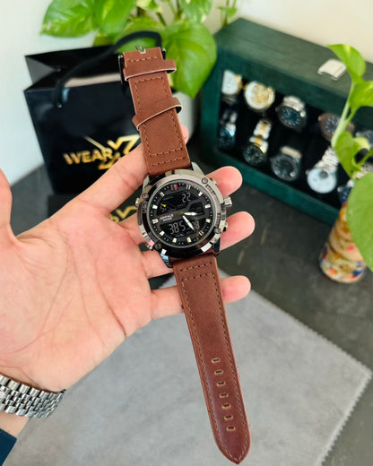 Brown Straps Black Dail Digital and Analog Watch AS-02
