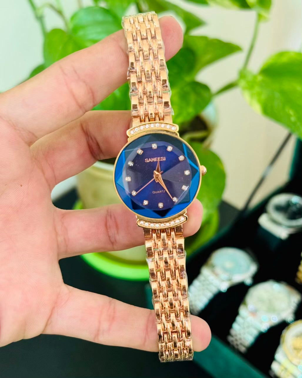 Rose Gold Stainless Steel Straps with Blue Dail