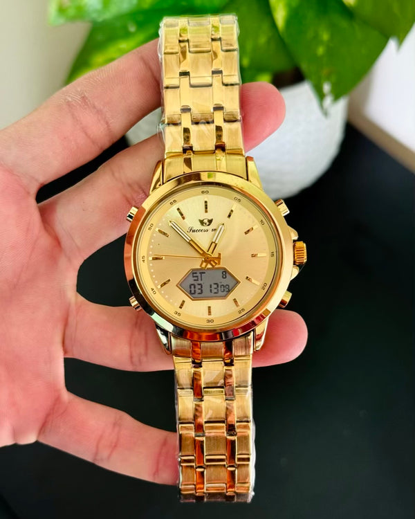 Golden Digital And Analog Waterproof Watch SW-07