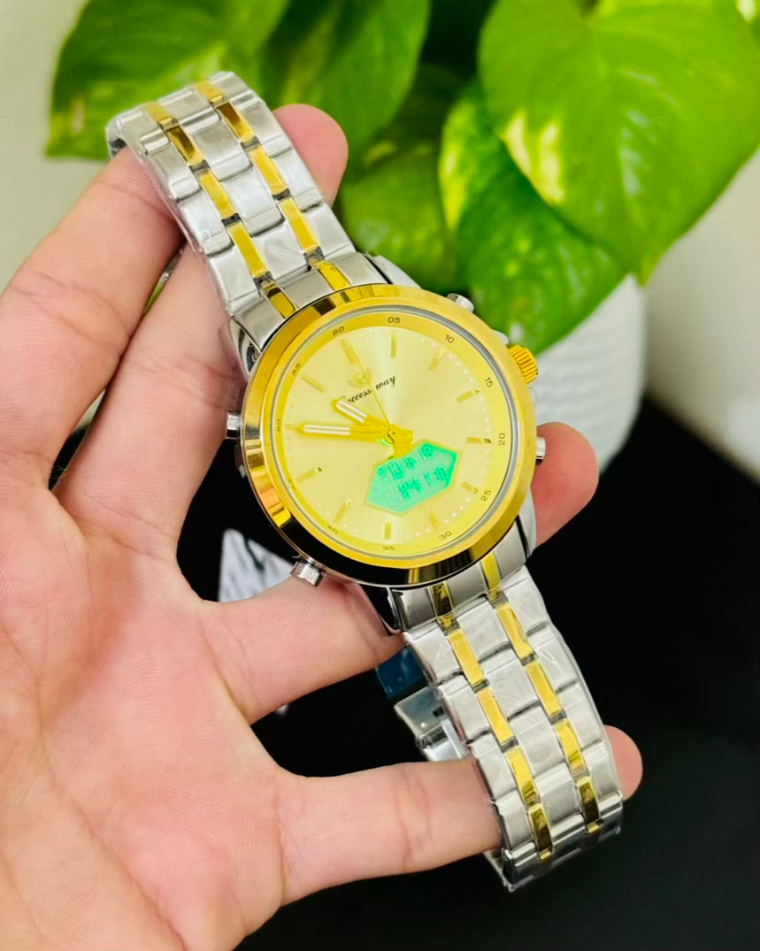 Two Tone with Golden Dail Digital And Analog Waterproof SW-12