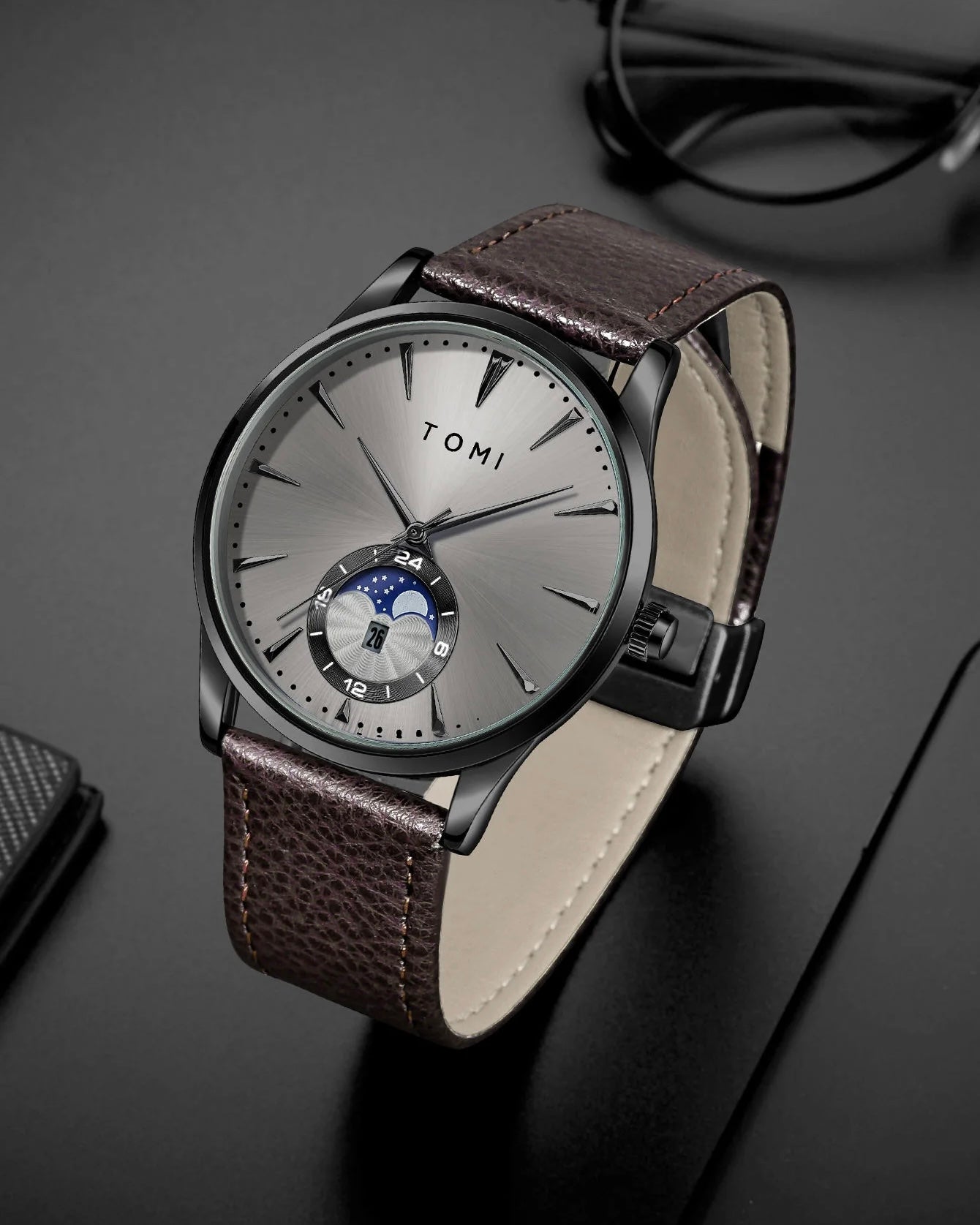 Tomi Brown Strap Black Dail Watch with Magnetic Lock TM-06