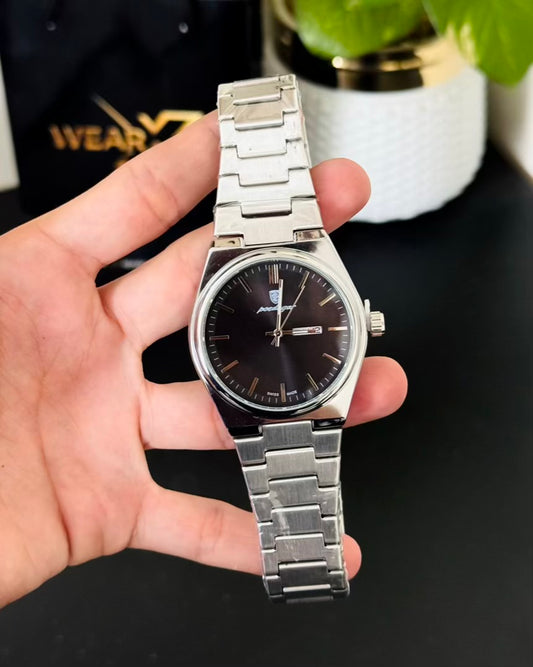 Silver Chain with Black Dail Day and Date Watch PD-03