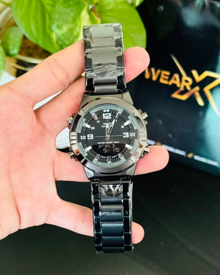 Digital & Analog Full Black Waterproof Watch SK-04