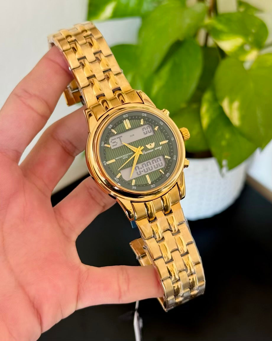 Golden With Green Dail Waterproof Watch SW-18