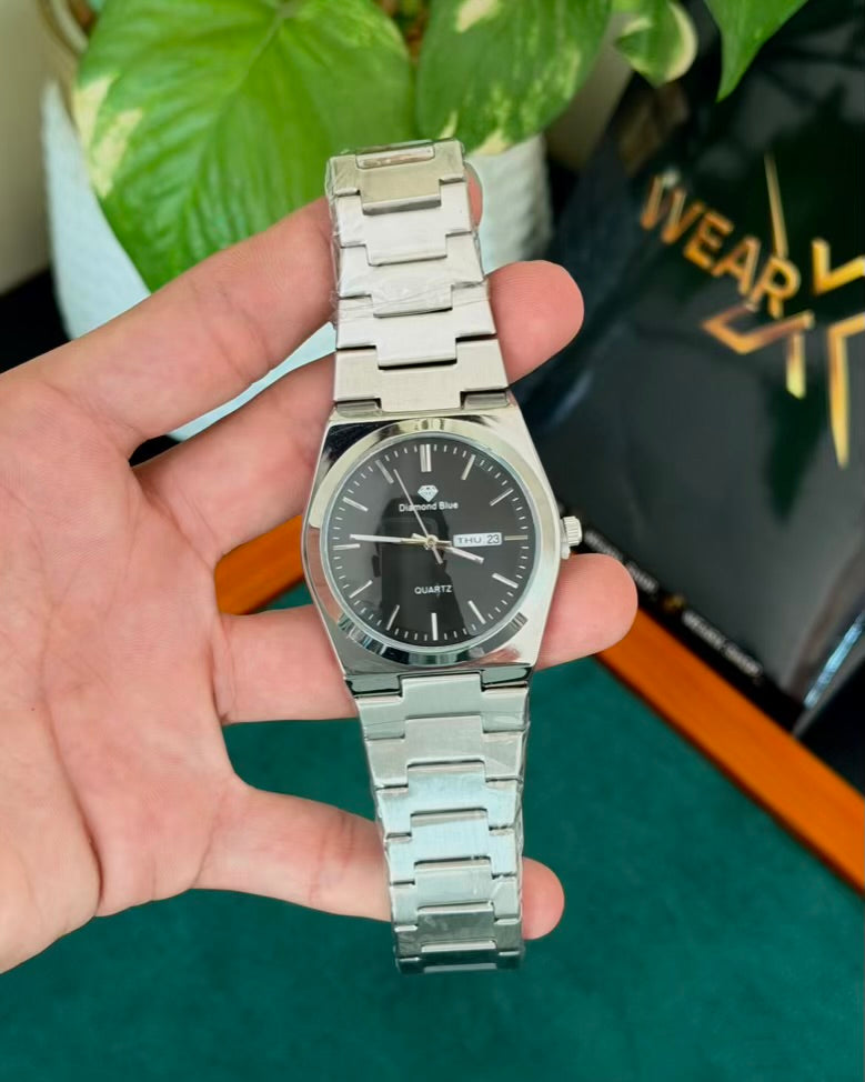 Diamond Silver with Black | Day & Date | Waterproof Watch