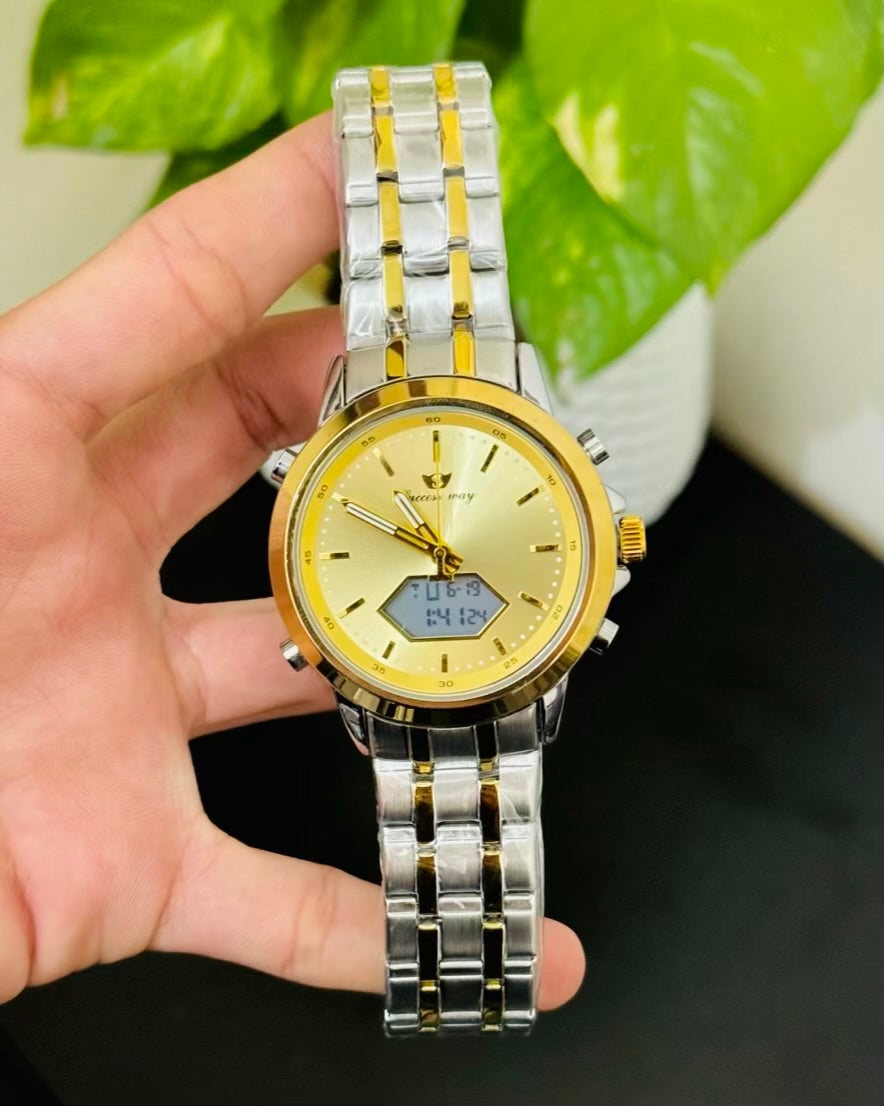 Two Tone with Golden Dail Digital And Analog Waterproof SW-12