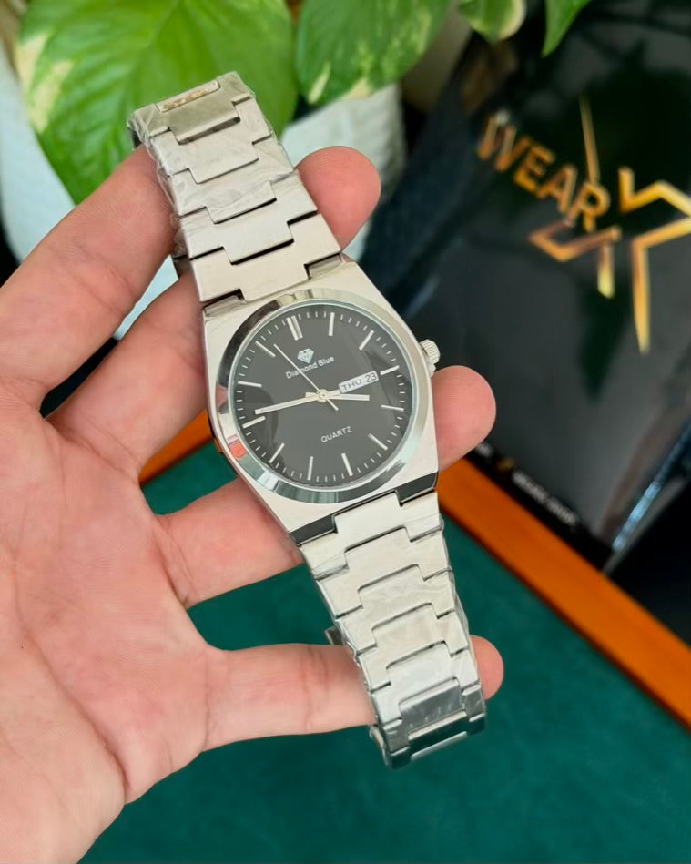 Diamond Silver with Black | Day & Date | Waterproof Watch