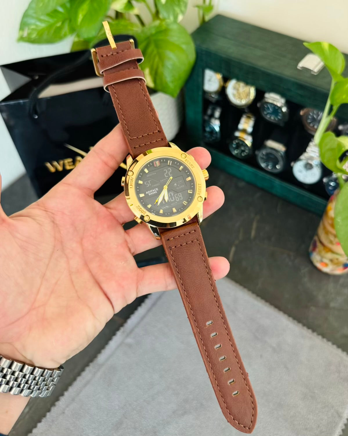 Brown Straps Golden Dail Digital and Analog Watch AS-06