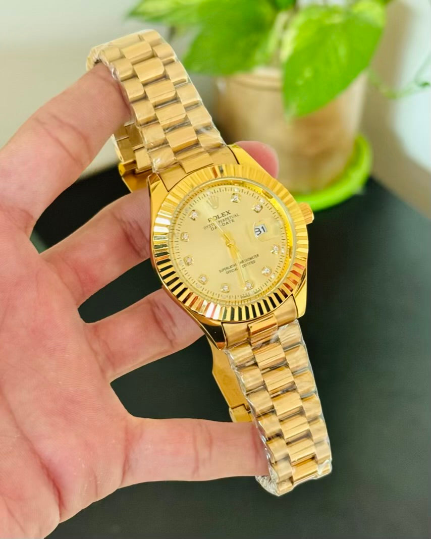 RLX Date Working Stainless Steel Golden Watch with Taj Lock Rl-10