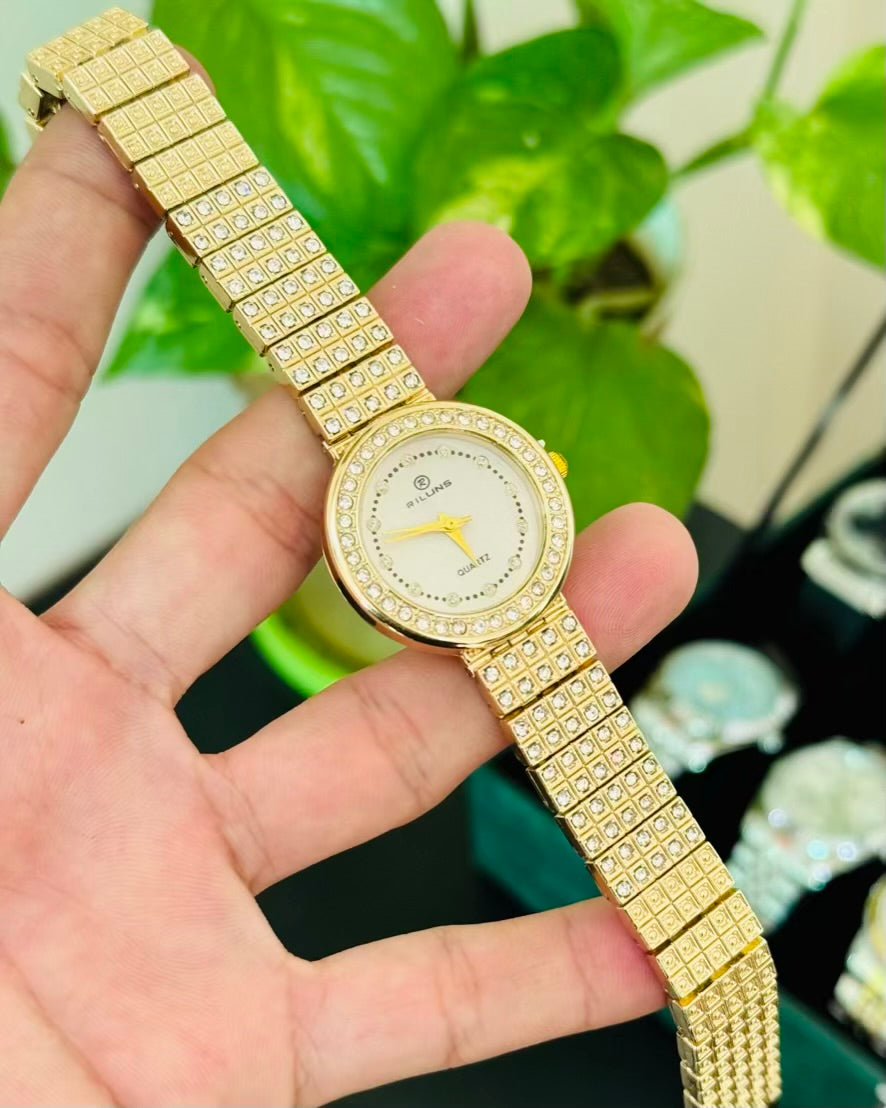 Golden Stainless Steel Straps with White Dail