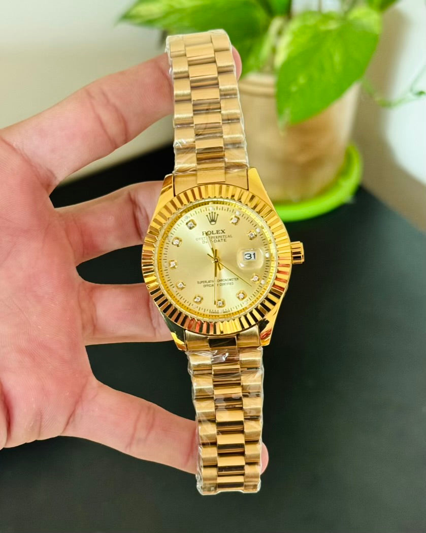 RLX Date Working Stainless Steel Golden Watch with Taj Lock Rl-10