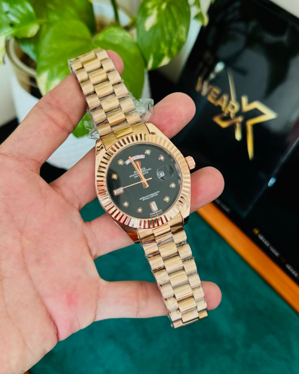 RLX Rose Gold Black Dail | Day & Date Working with Taj Lock