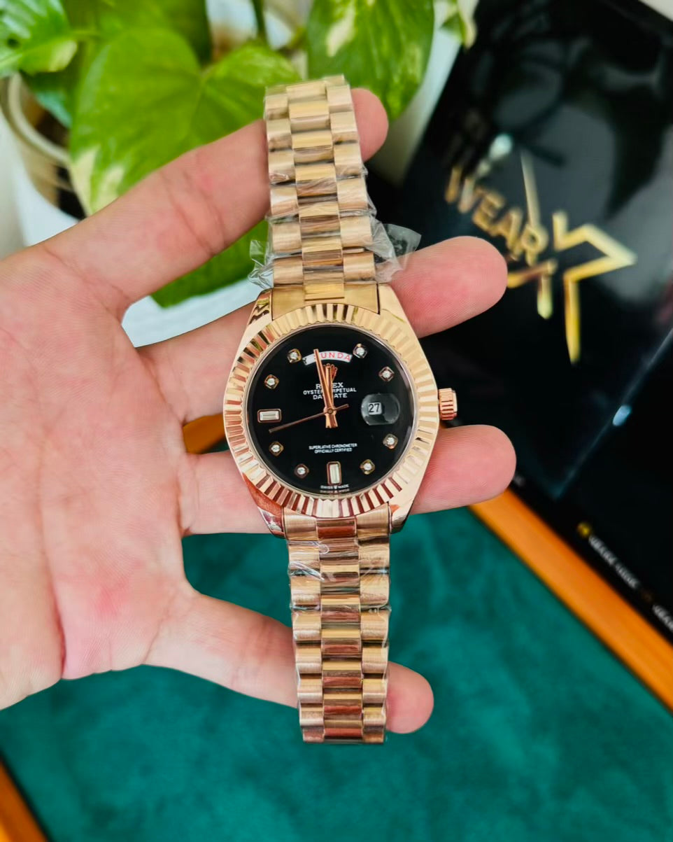 RLX Rose Gold Black Dail | Day & Date Working with Taj Lock