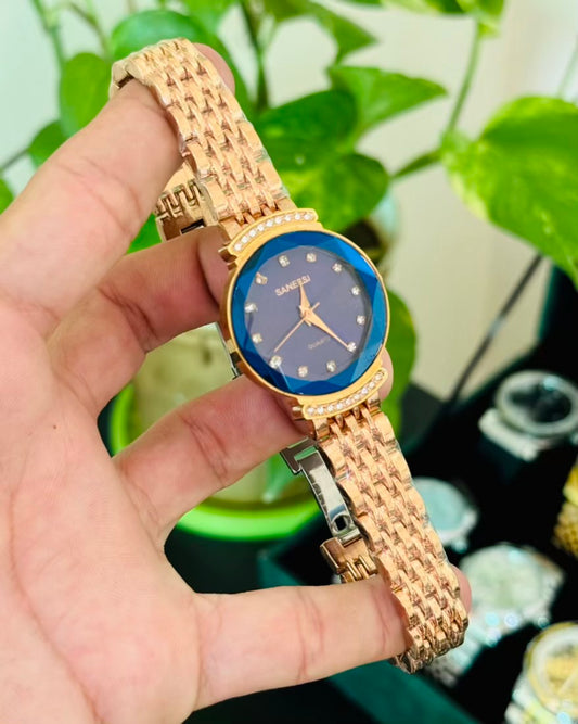 Rose Gold Stainless Steel Straps with Blue Dail