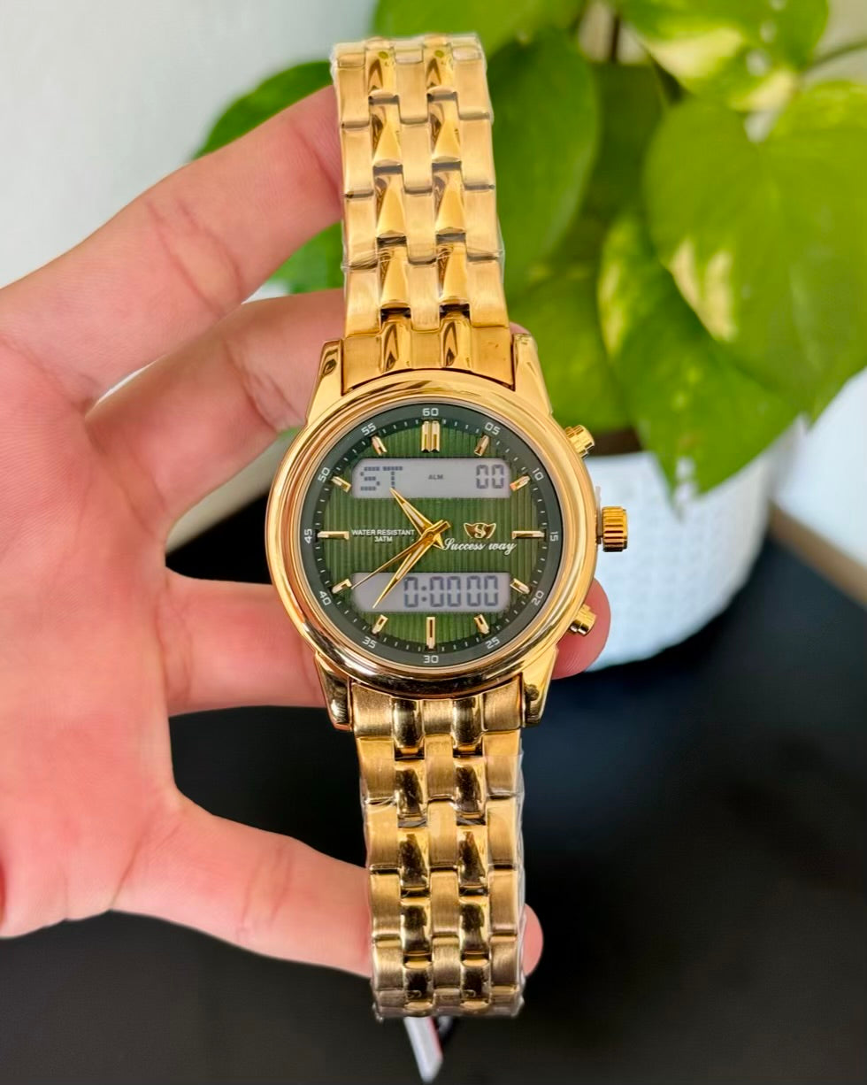 Golden With Green Dail Waterproof Watch SW-18